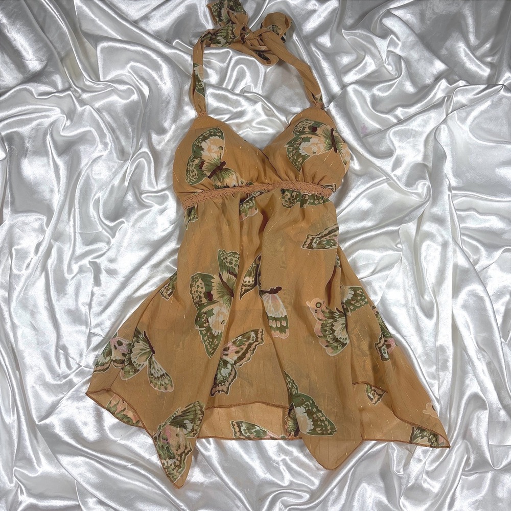y2k Halter Top Tan Good Jordache Butterfly Print Metallic Gold Chiffon Smocked S